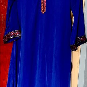 Shimmering Blue A-Line Top with Lace and Luxe Golden Thread Accents